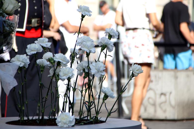 White carnations placed to commemorate the victims of the 17-A terrorist attack