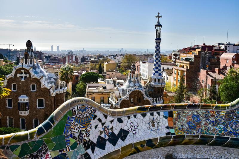 Barcelona's Park Güell, designed by architect Antoni Gaudí, offers unique views to the city's skyline and the Mediterranean Sea
