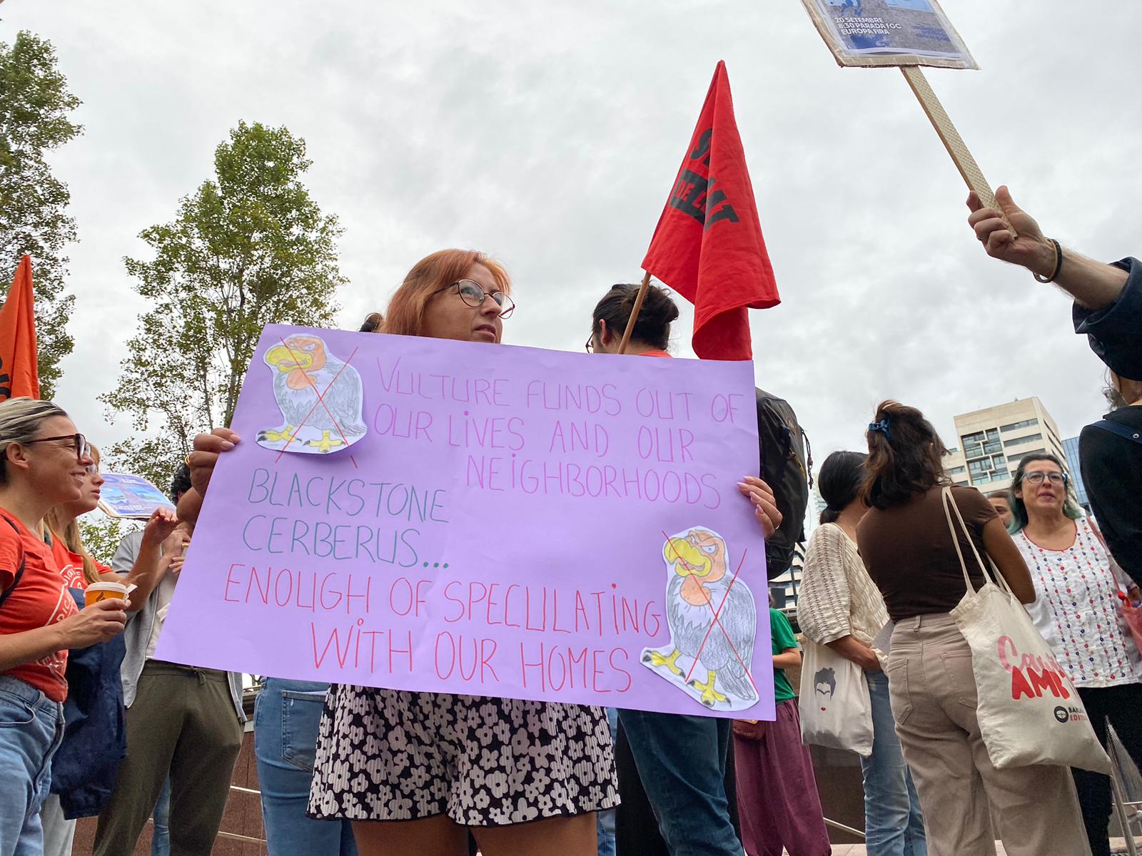 Housing activists protesting against The District real estate investors fair in Barcelona