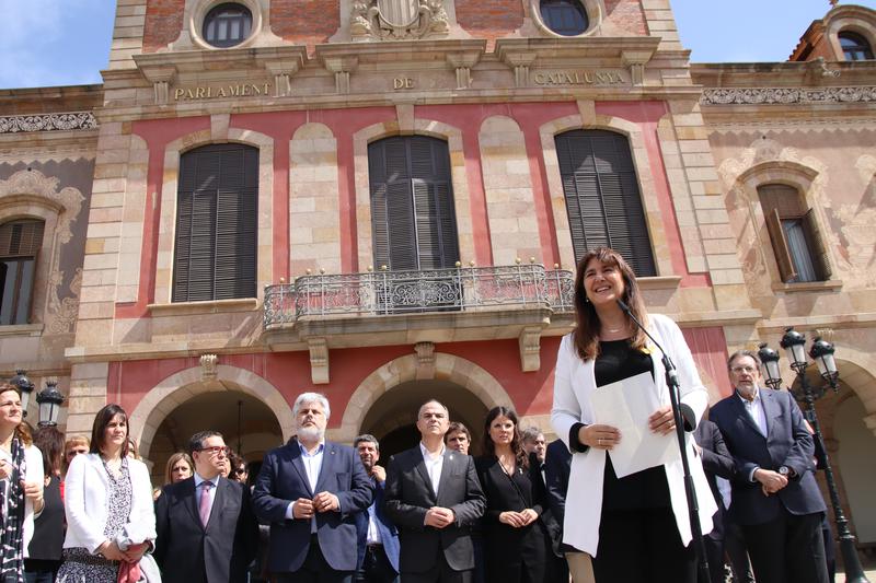 Laura Borràs gives a press conference outside the Catalan parliament shortly after her corruption conviction