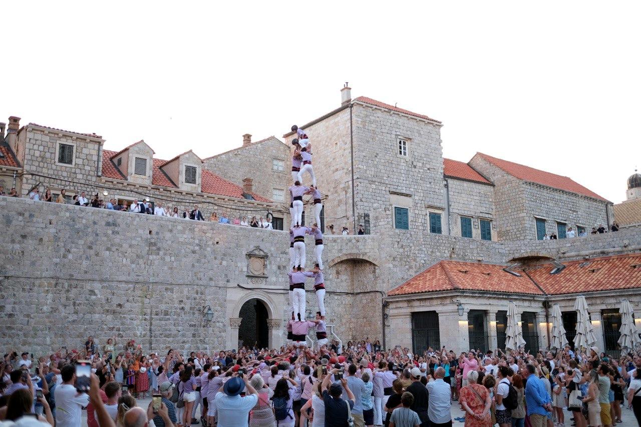 Castellers human towers' Minyons de Terrassa constructing a castle in Dubrovnik on July 8, 2023