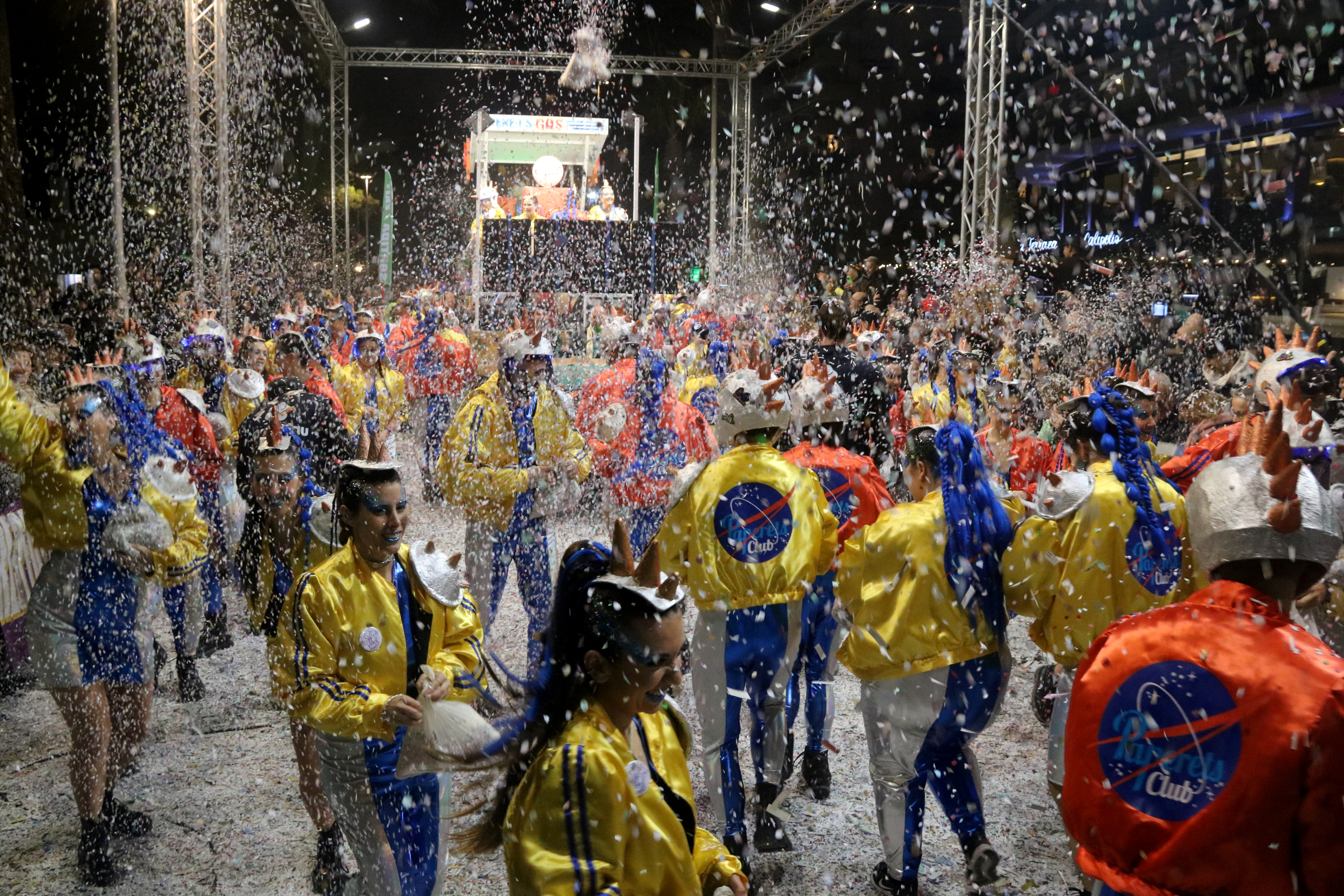 Confetti thrown during a Carnaval parade in Sitges, 2024