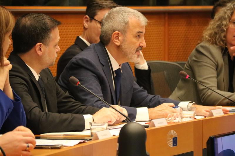 Barcelona mayor ??Jaume Collboni speaking at a meeting in the European Parliament