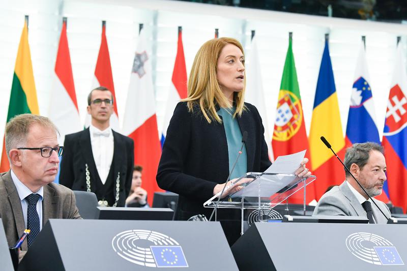 European parliament president Roberta Metsola during a speech in the chamber