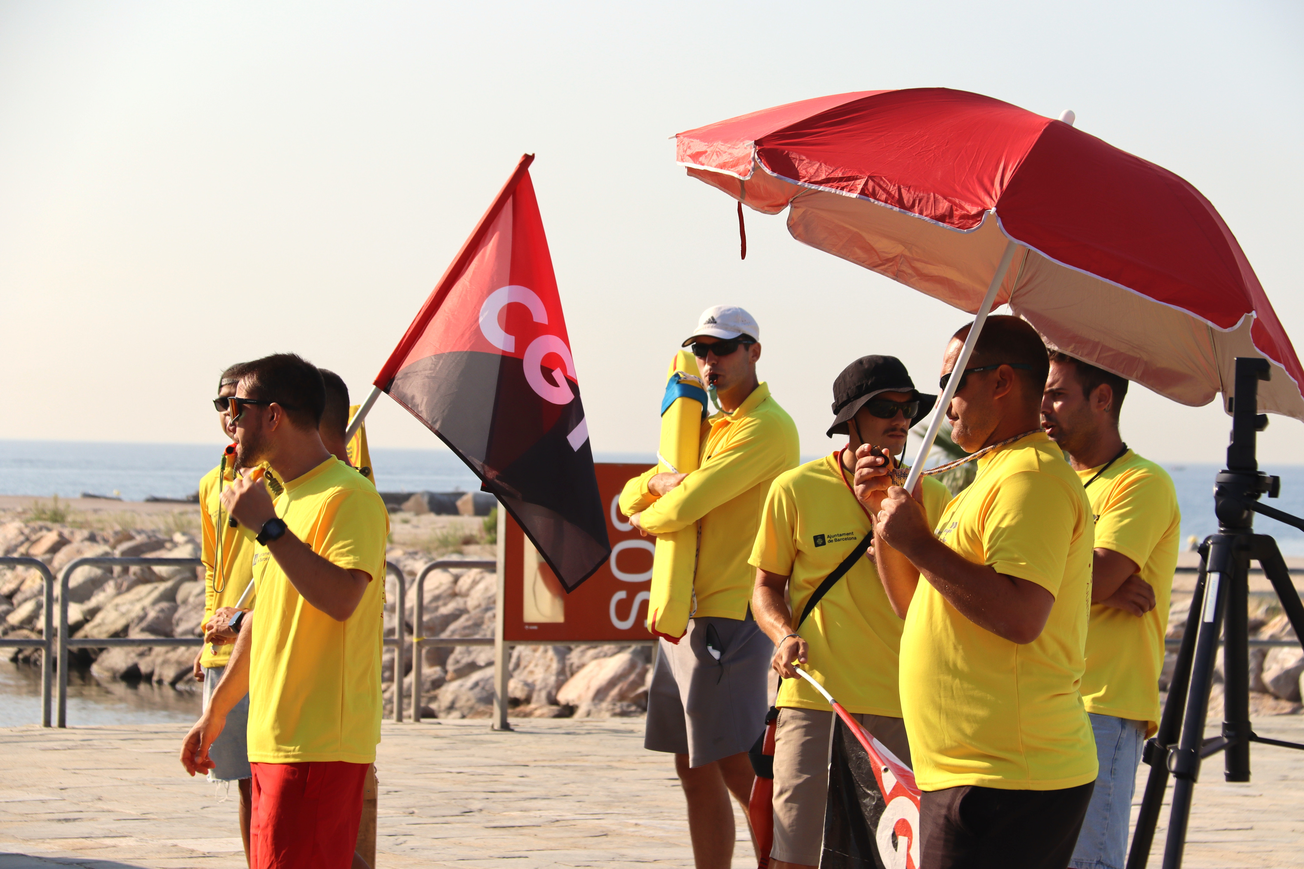 Barcelona lifeguards protesting at Bogatell beach during their indefinite strike