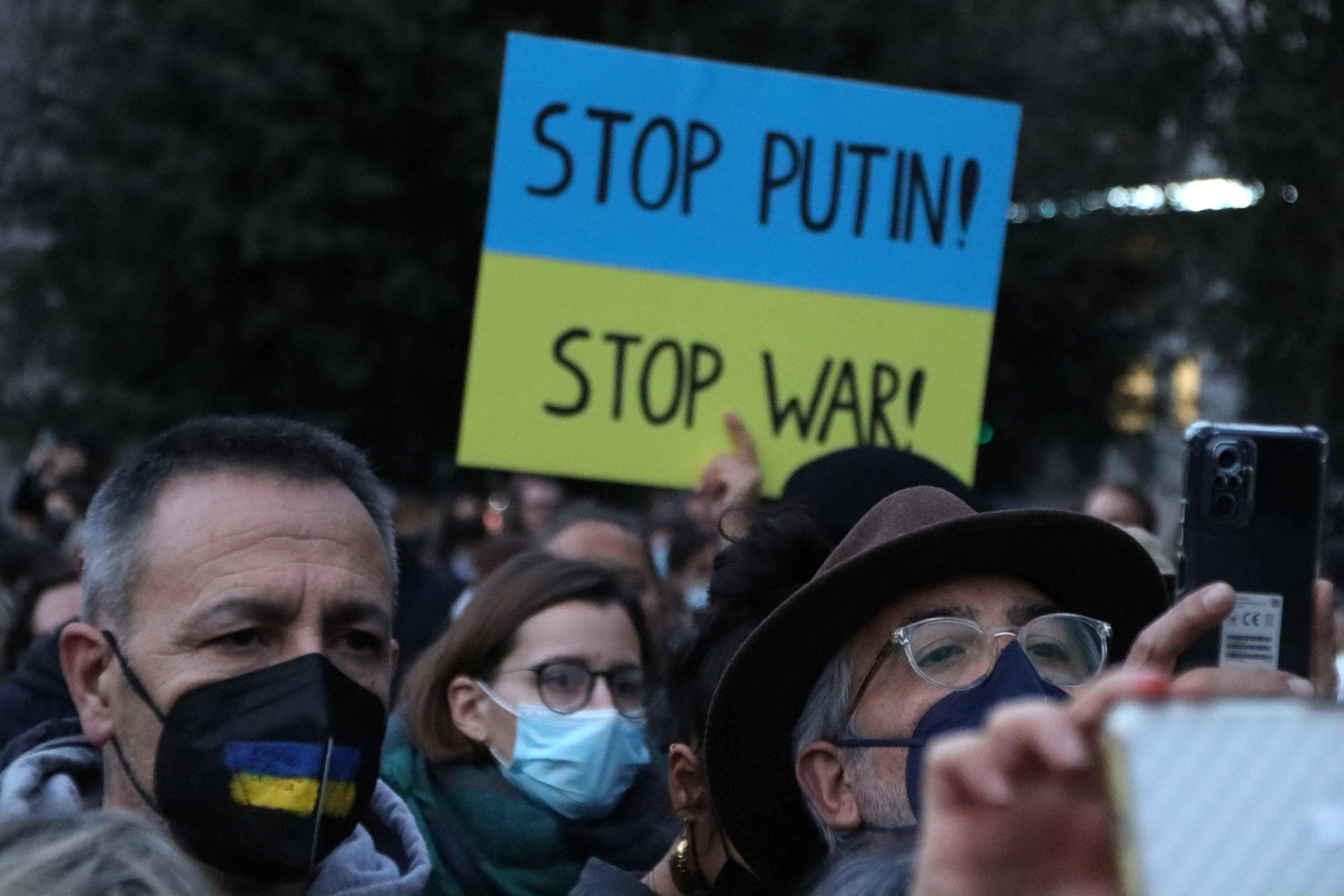 A poster reads: 'Stop Putin! Stop War!' during a demonstration to support Ukrainians after Russian invasion on March 2, 2022