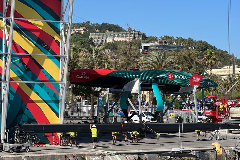 Emirates Team New Zealand preparing in Barcelona one of the competition boats ahead of the first preliminary regatta of the 2024 America's Cup on July 25, 2023