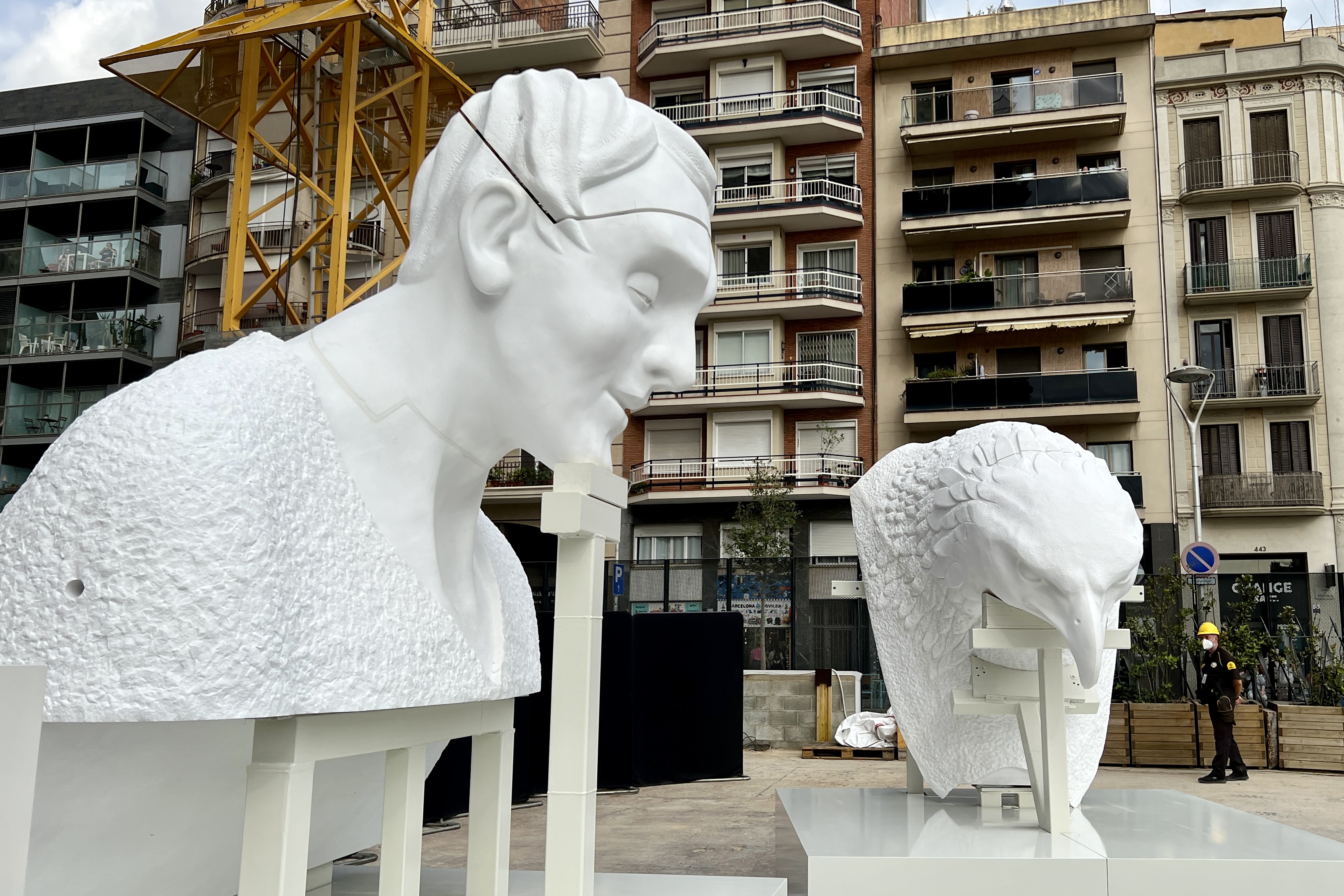 The Man and the Eagle, the two remaining sculptures of the Evangelists' towers in the unfinished Sagrada Família basilica on September 19, 2023