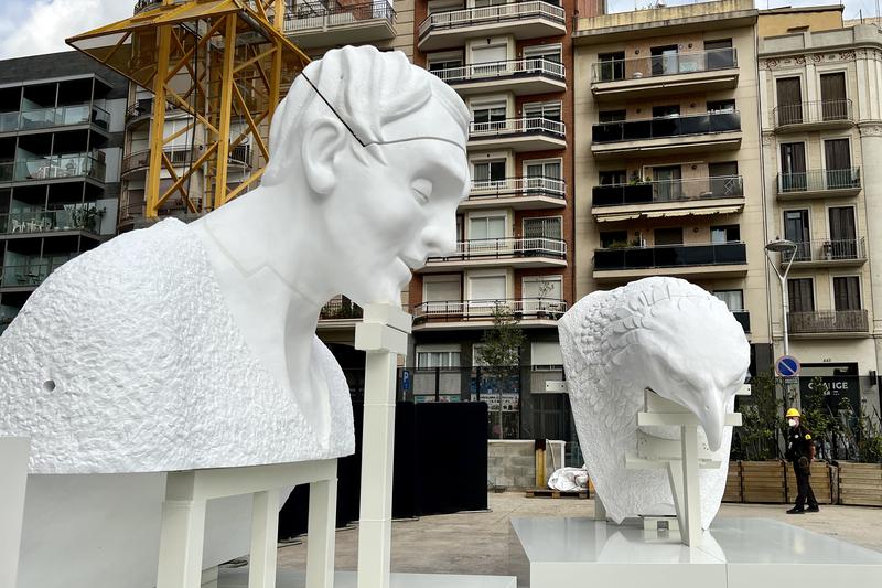 The Man and the Eagle, the two remaining sculptures of the Evangelists' towers in the unfinished Sagrada Família basilica on September 19, 2023