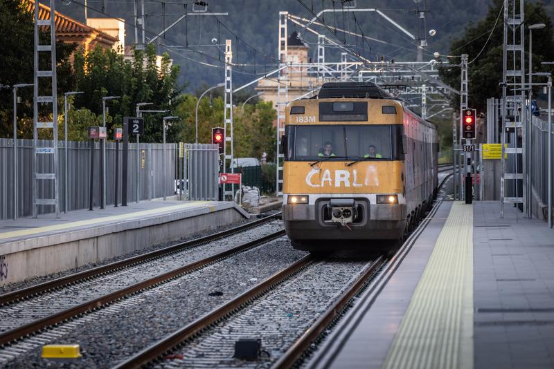 A R3 rodalies train at La Garriga train station on the first day of the service disruption on October 7, 2025