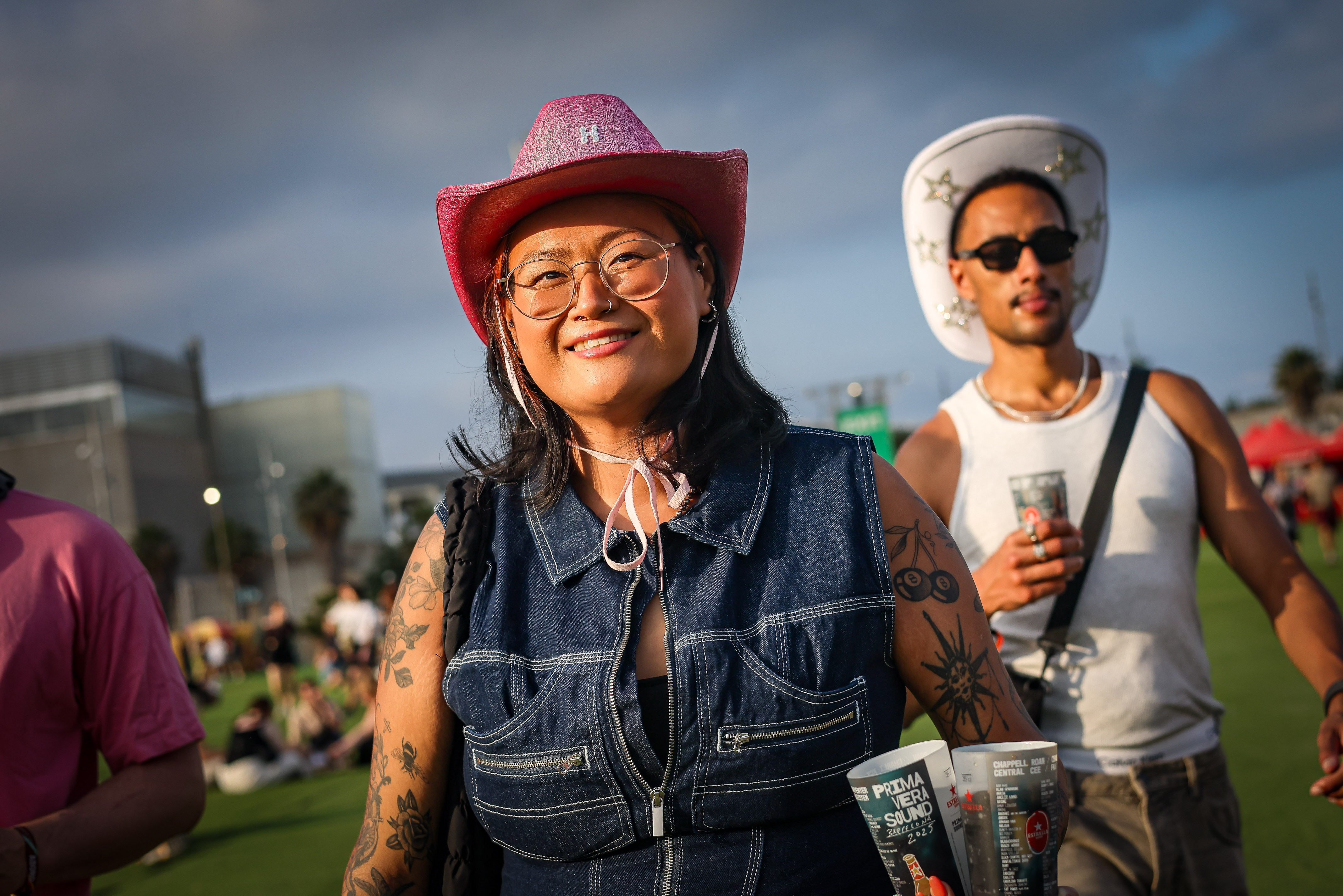 Primavera Sound attendees wear pink cowboy hats ahead of Chappell Roan's performance in Barcelona on June 7, 2025