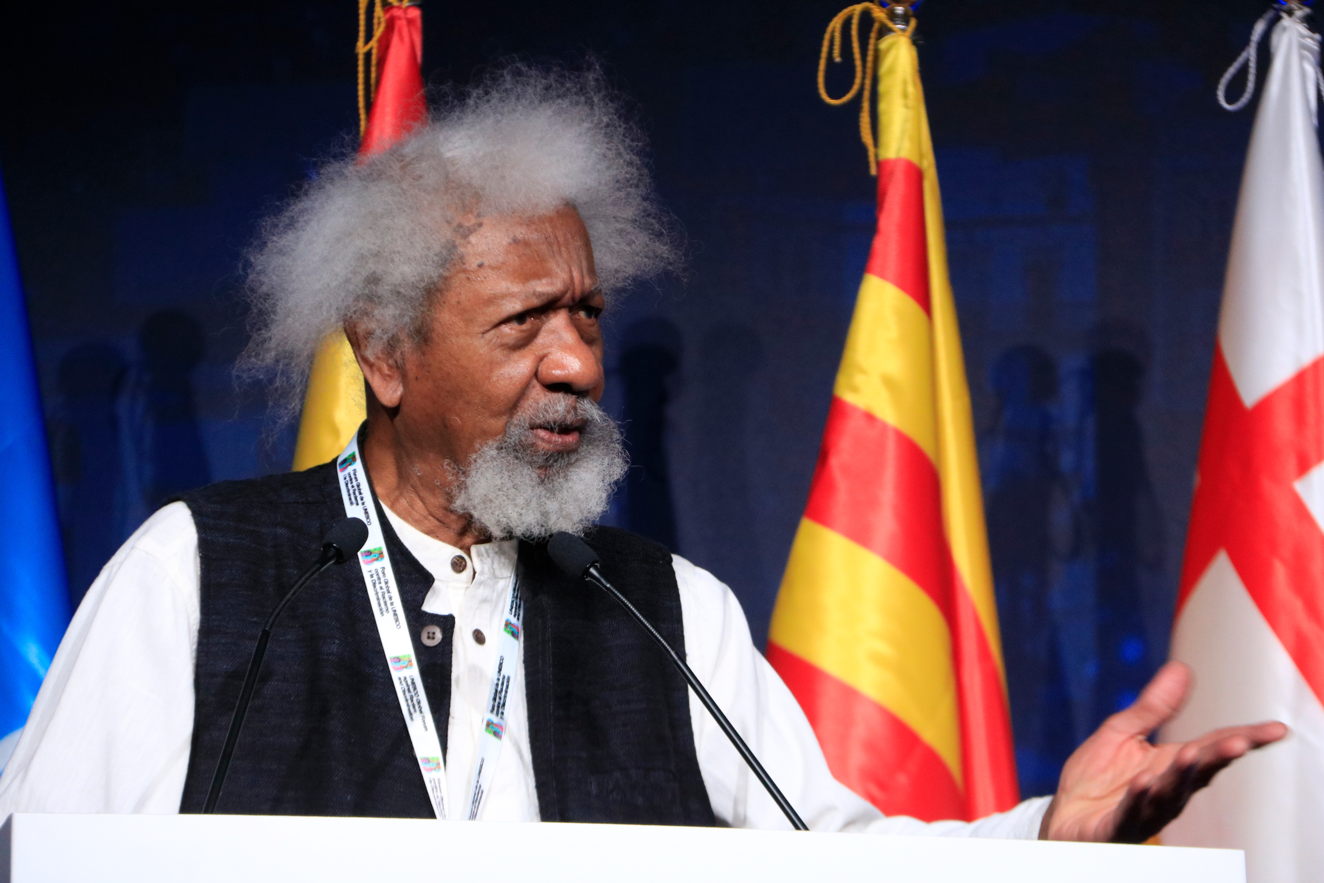 1986 Nobel Laureate in Literature Wole Soyinka speaks at the fourth edition of UNESCO’s Global Forum Against Racism and Discrimination held in Barcelona on December 2024