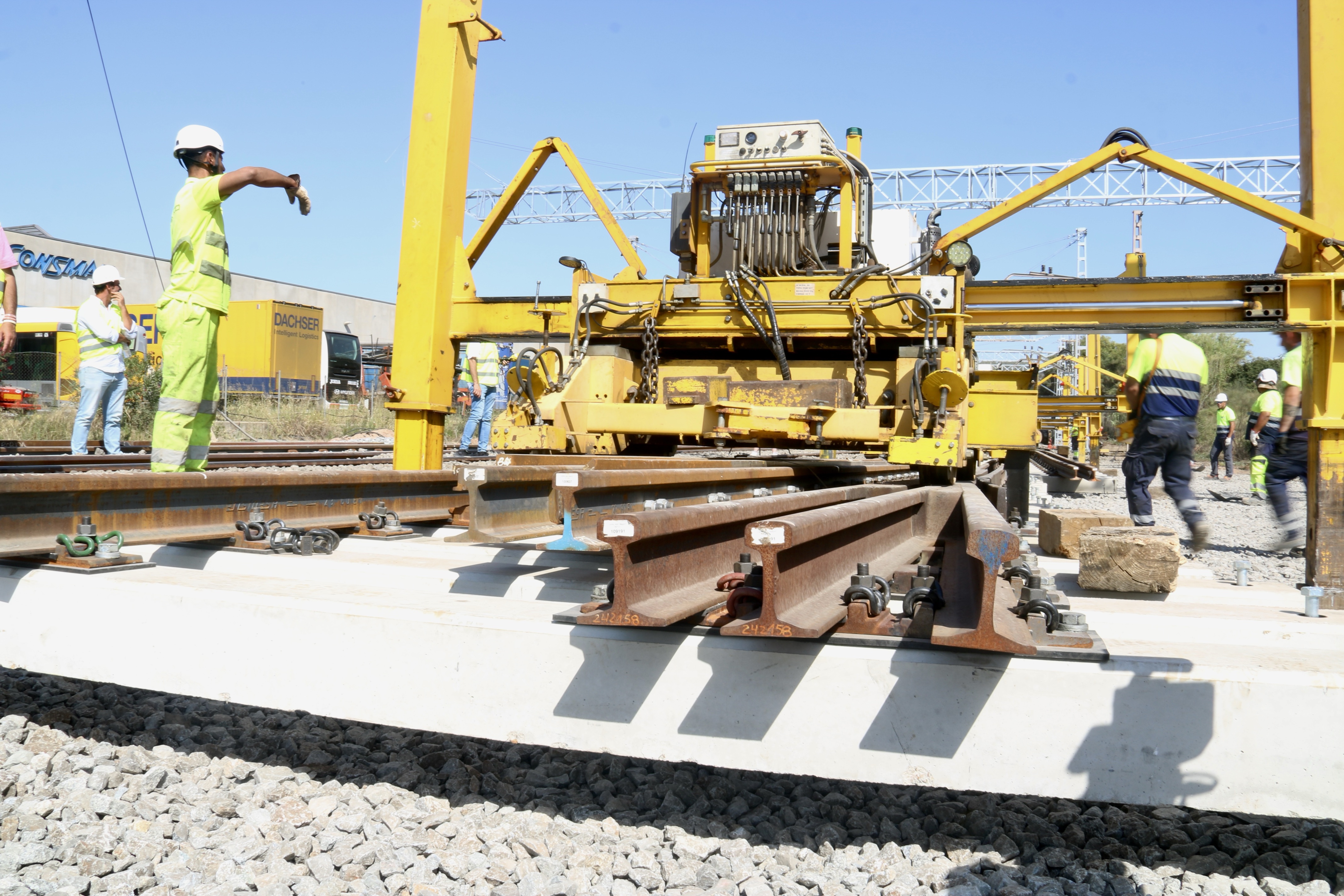 Machines installing the new standard gauge railroad tracks in Castellbisbal.