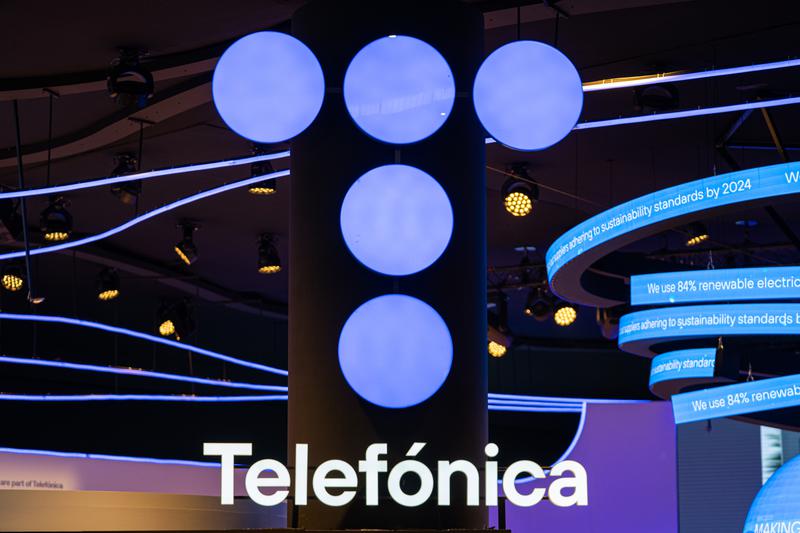 Telefónica logo pictured at Mobile World Congress 2023