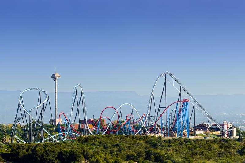 Skyline of PortAventura, Catalonia's largest amusement park, with several roller coasters and a free fall