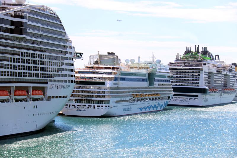 Three cruise ships docked at the Port of Barcelona