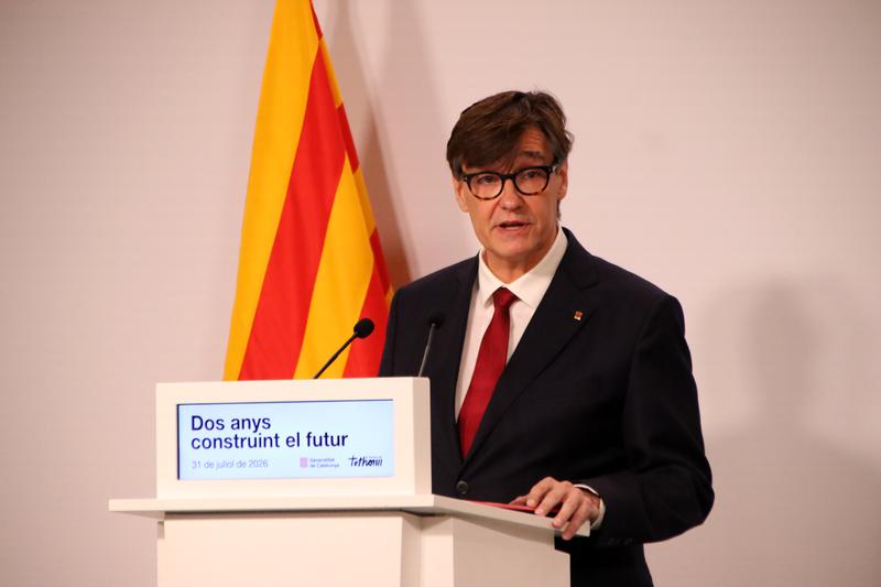 Catalan president Salvador Illa speaking during a press conference