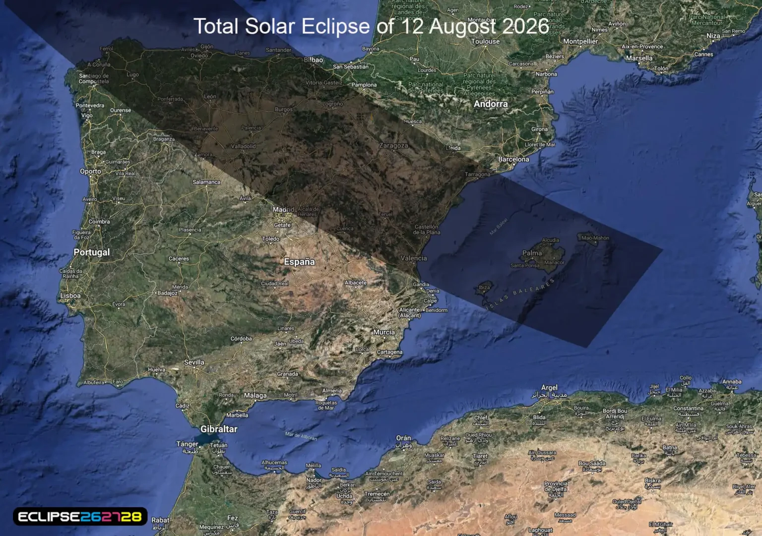 The path the August 12, 2026 total solar eclipse will take across Spain