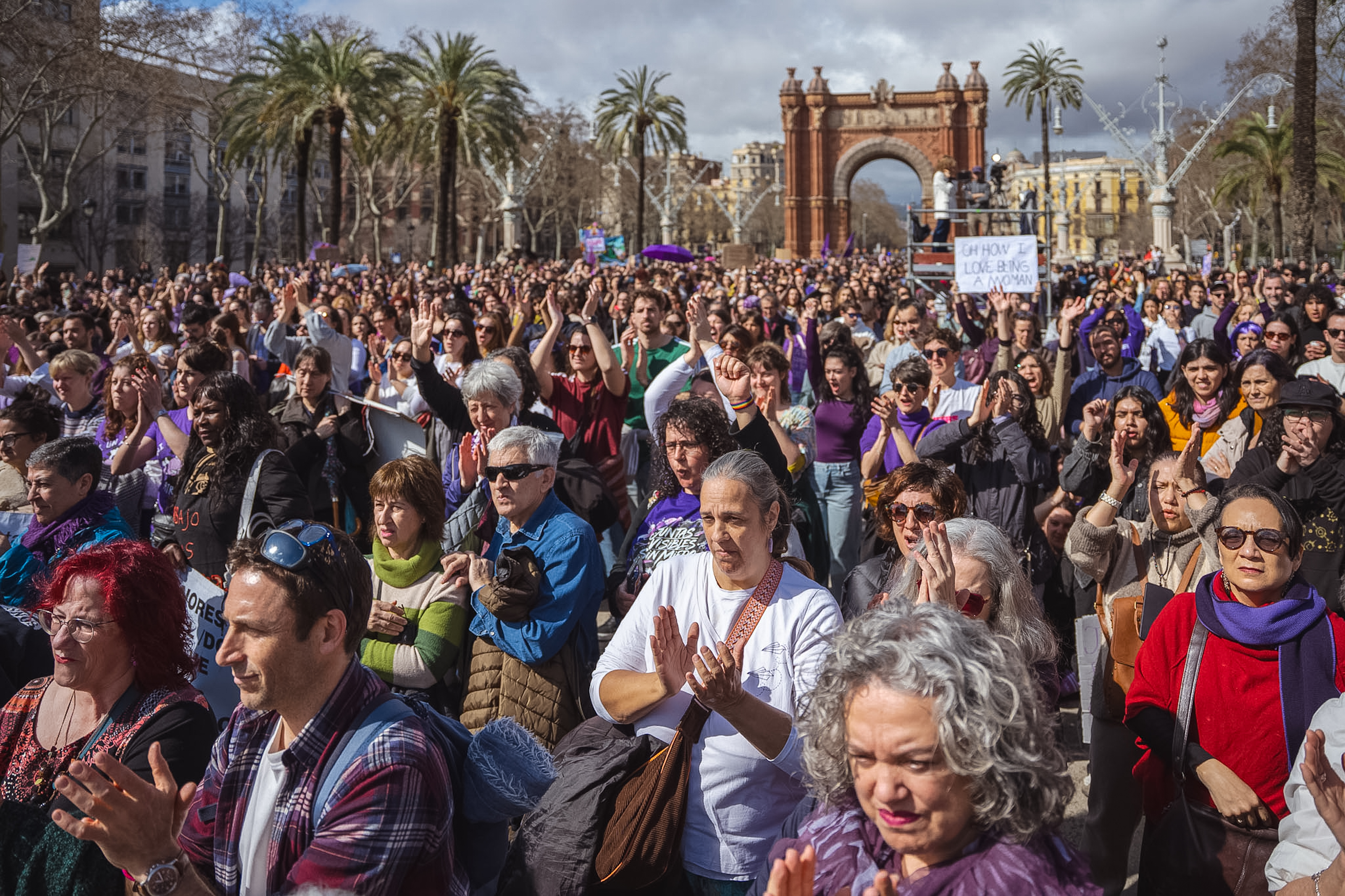 The crowd at the end of the International Women's Day march in Barcelona organized by Assemblea 8-M