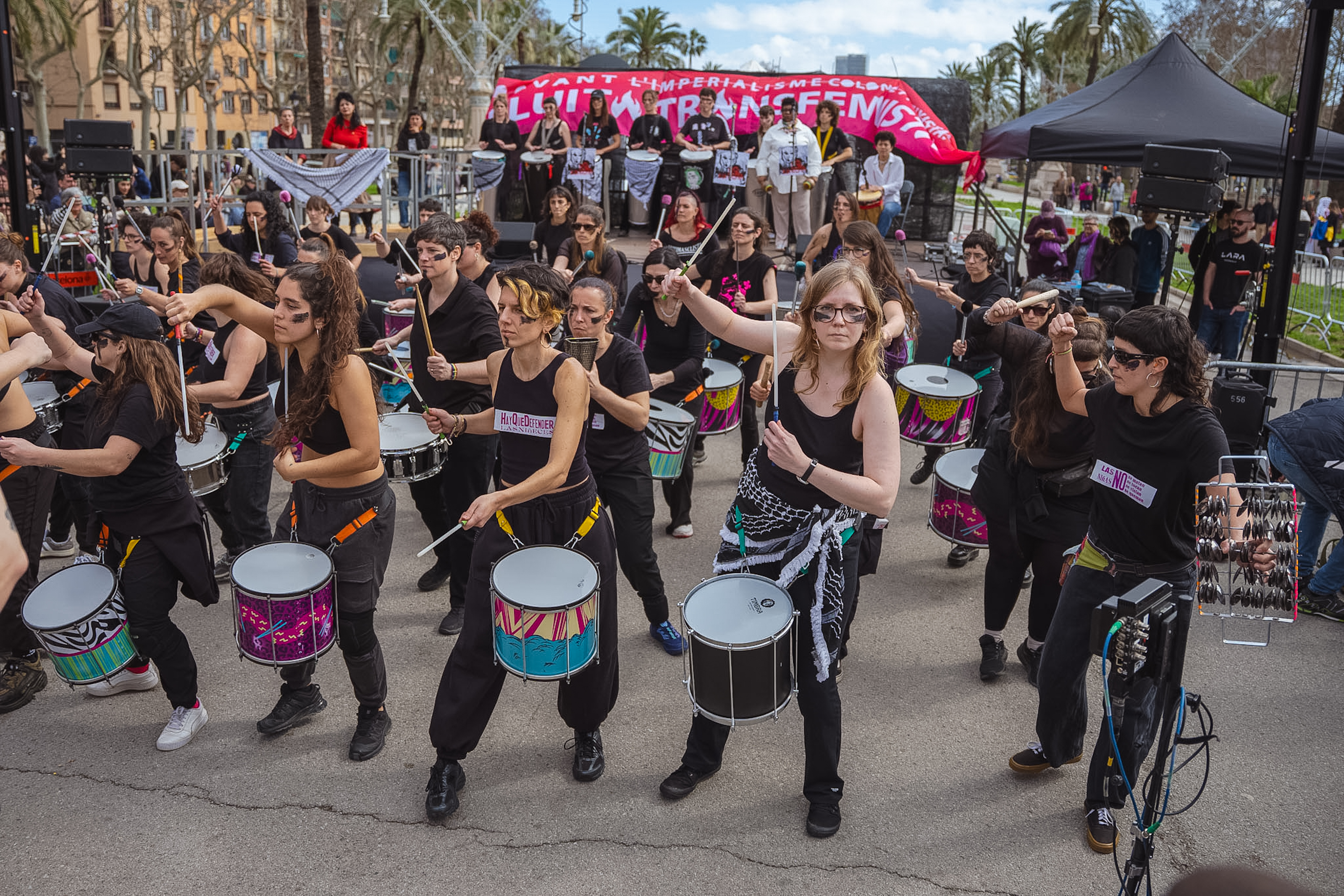Percussionists at the International Women's Day march in Barcelona organized by Assemblea 8-M