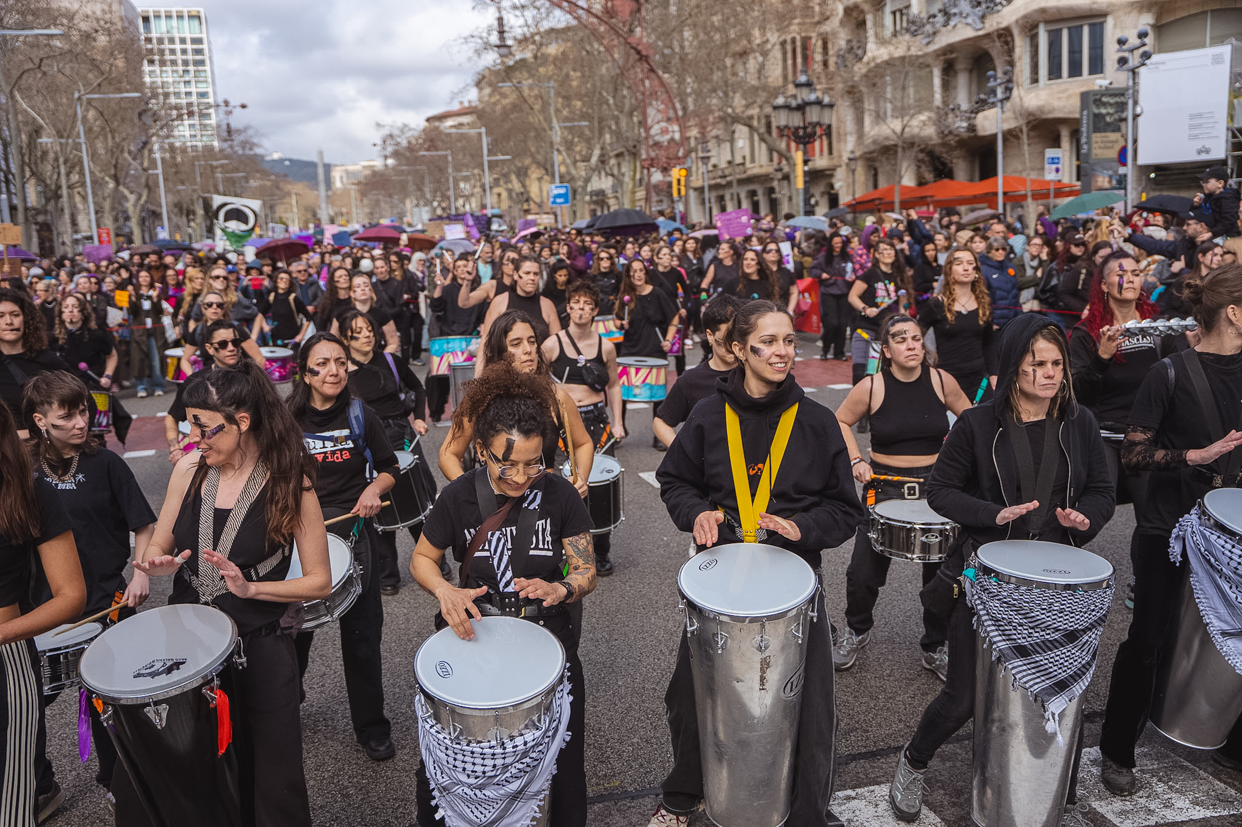 Percussionists at the International Women's Day march in Barcelona organized by Assemblea 8-M