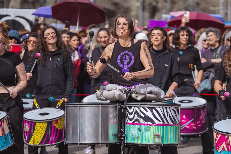 Percussion groups at the International Women's Day march in Barcelona organized by Assemblea 8-M 