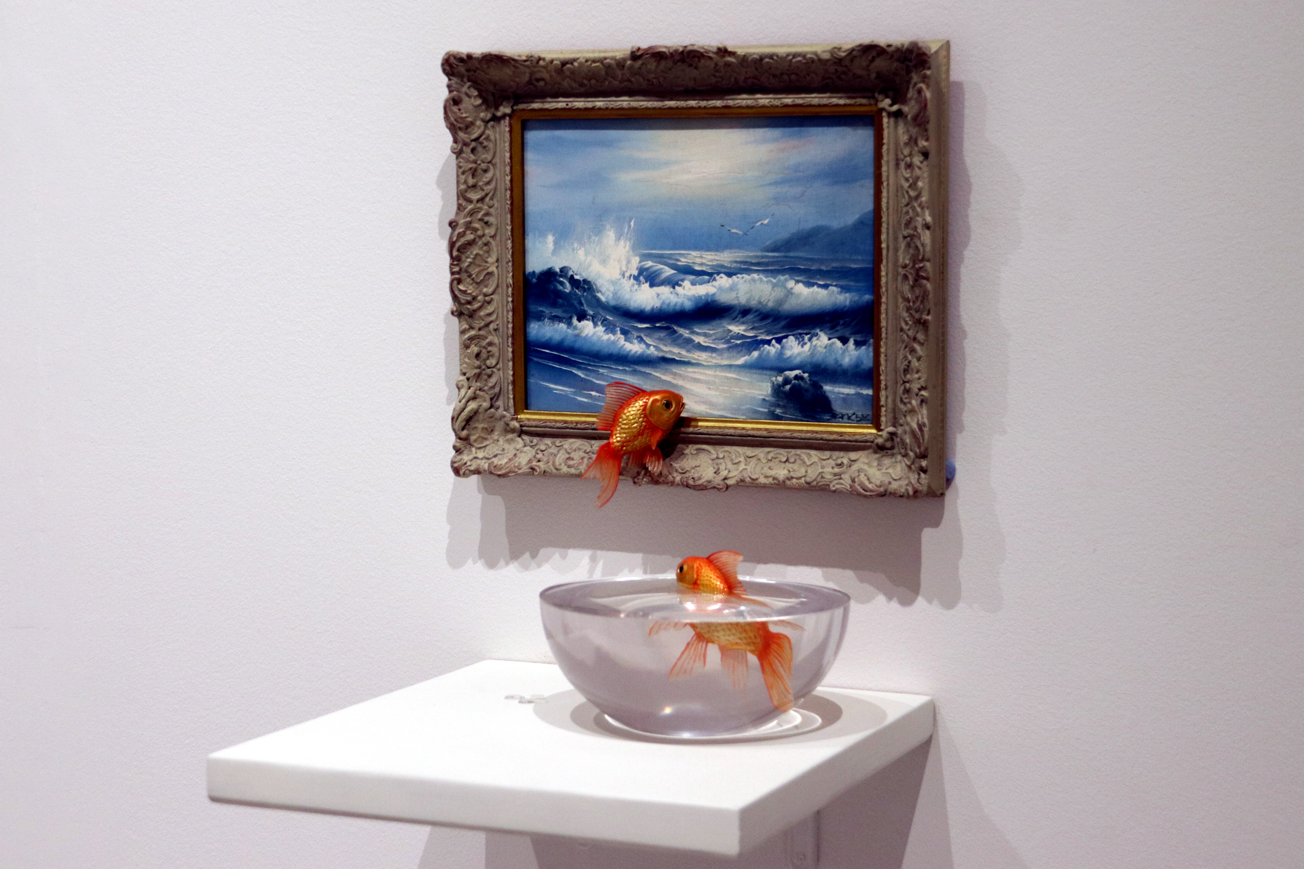 One of the artworks from the exhibition 'New works by Banksy,' featuring 25 authenticated works by the British artist at the Moco Museum Barcelona