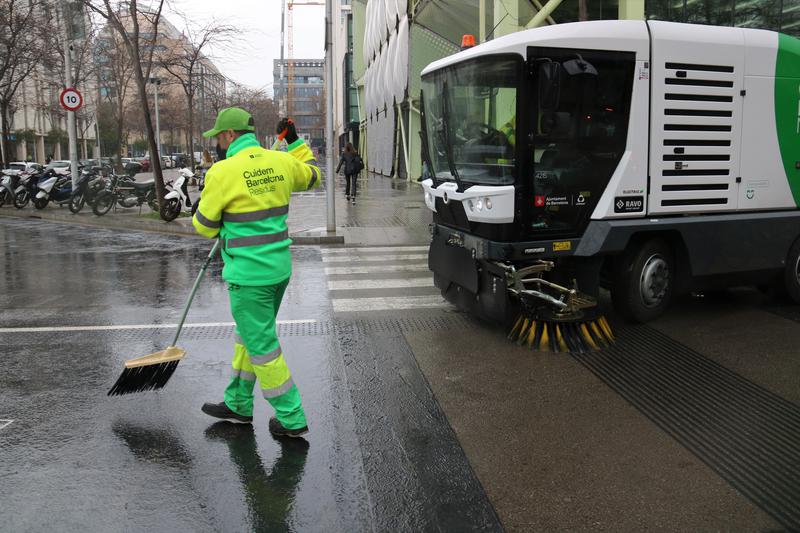 A street cleaner in Barcelona's Poblenou neighborhood