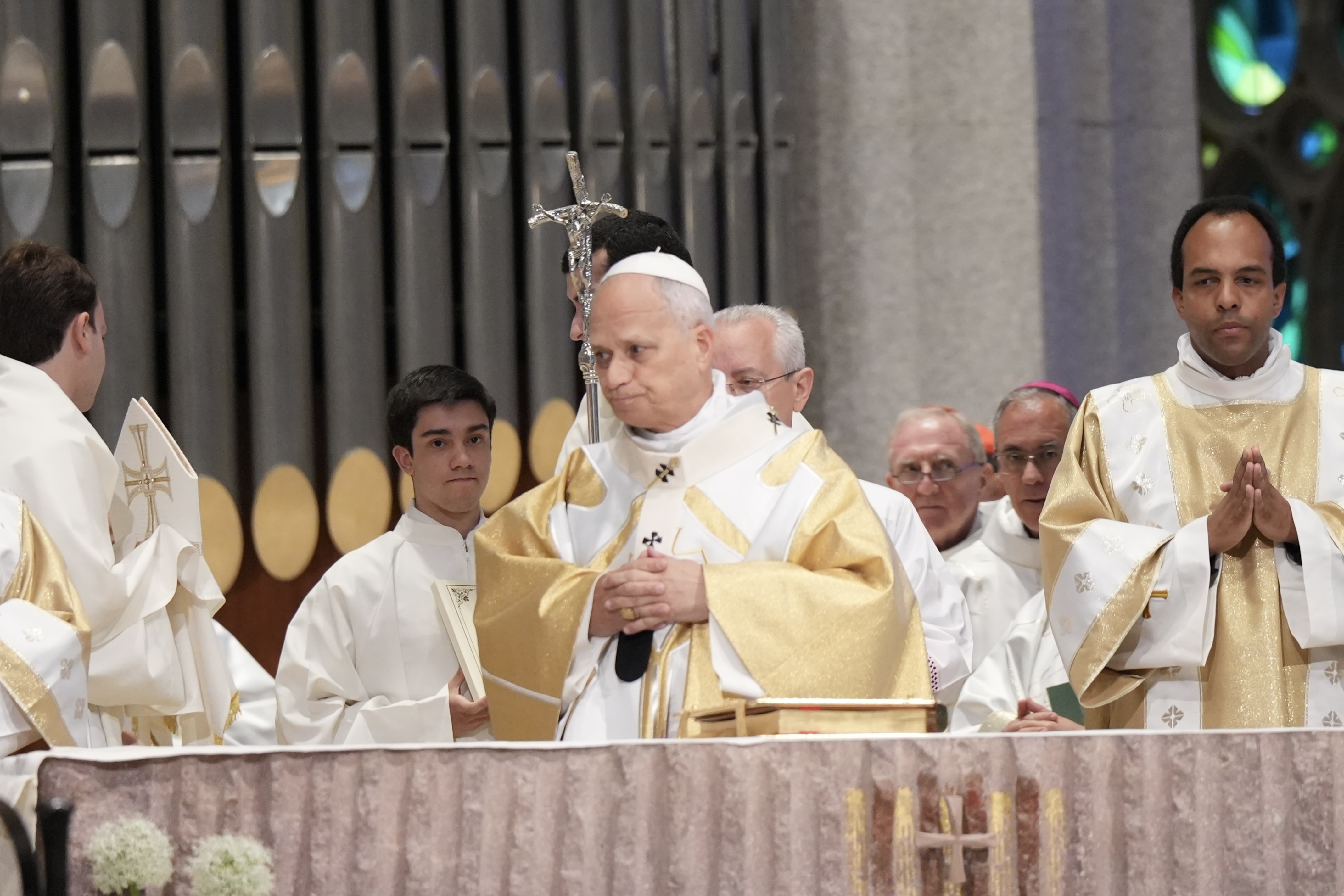 Pope Leo XIV at the beginning of mass at the Sagrada Familia