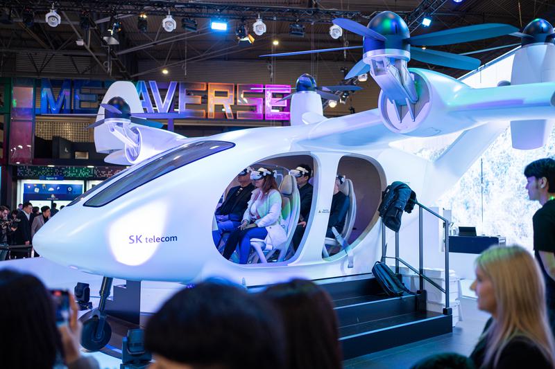 A prototype of SK Telekom's autonomous taxi drone on display at the 2023 Mobile World Congress