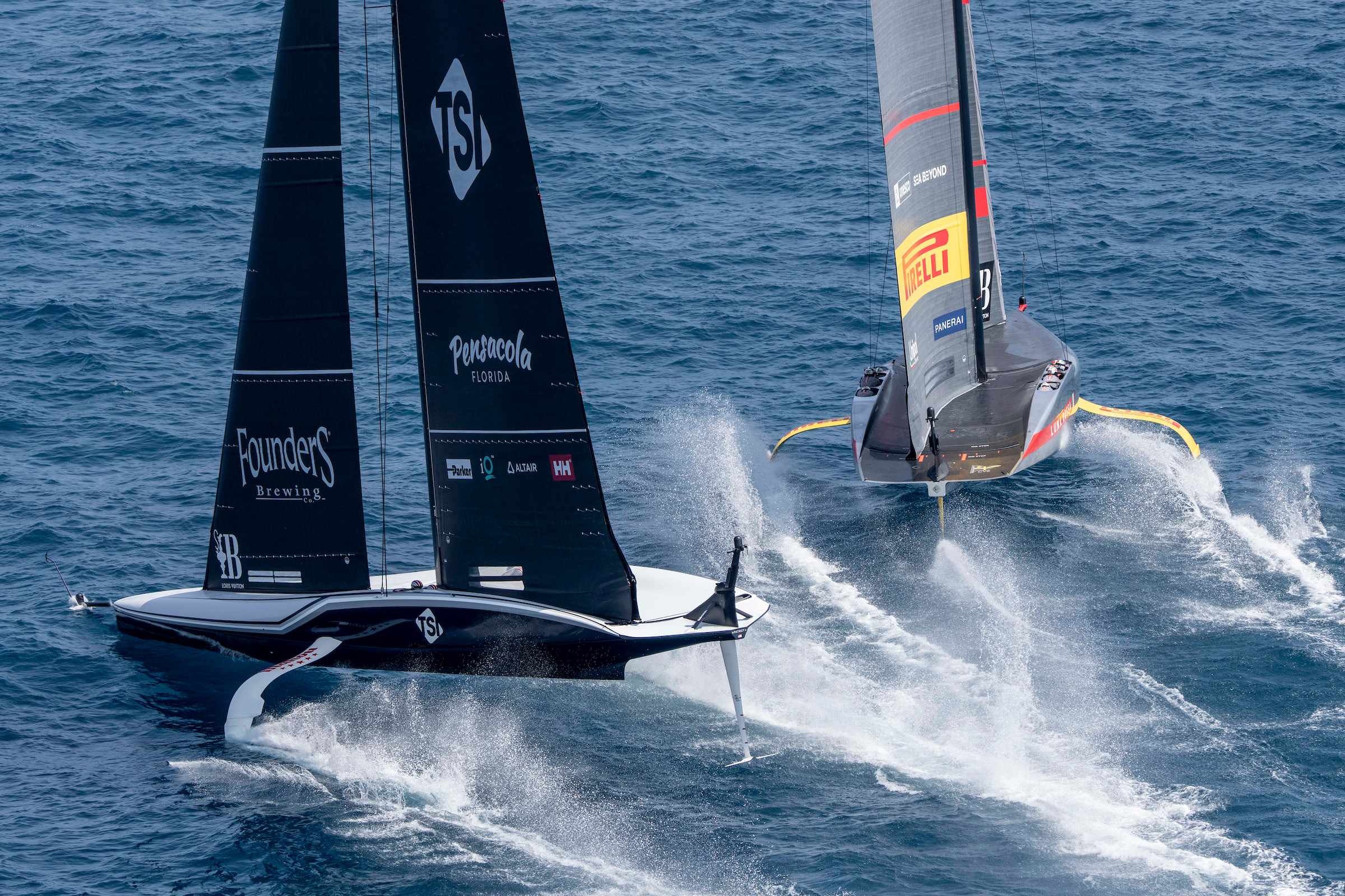 The America's Cup teams Luna Rossa Prada Pirelli facing the American Magic during a training session ahead of the sailing competition in Barcelona