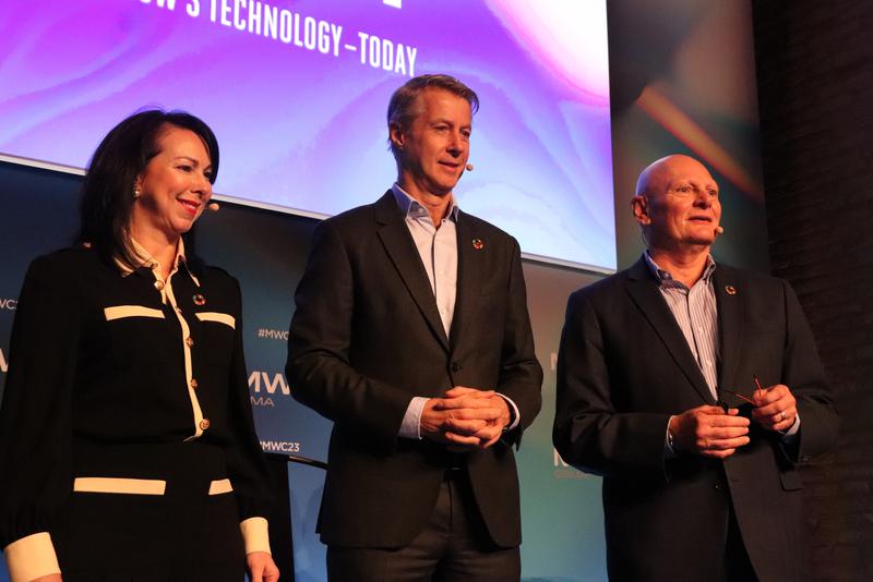 Lara Dewar, GSMA chief marketing officer, the company's director general, Mats Granryd, and CEO John Hoffman present the 2023 edition of the Mobile World Congress in Barcelona, January 26, 2023