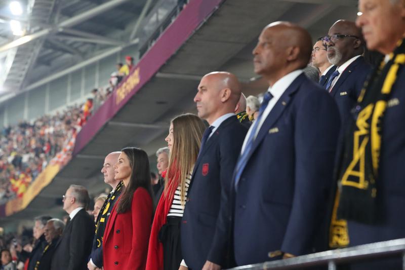 The then head of the RFEF, Luis Rubiales, at the World Cup final, with Spain's Queen Letizia