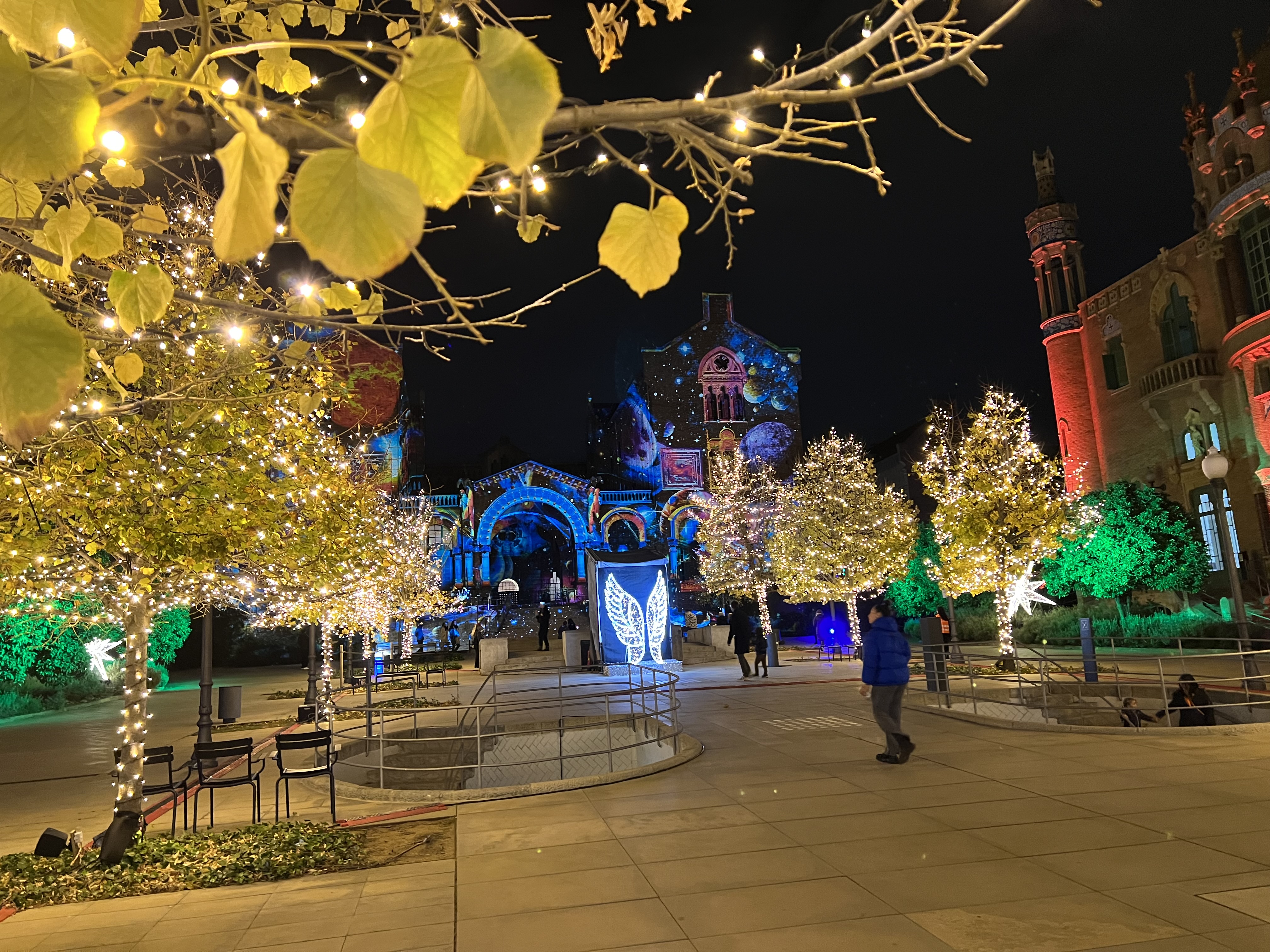 An image of the Christmas lights show at the modernist enclosure of Sant Pau