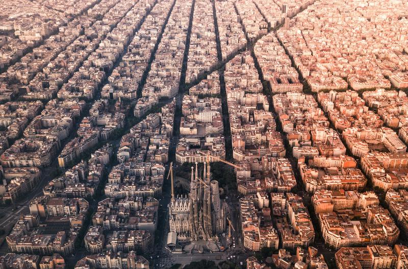 Aerial view of Barcelona with Sagrada Família basilica and the 'Pla Cerdà' grid