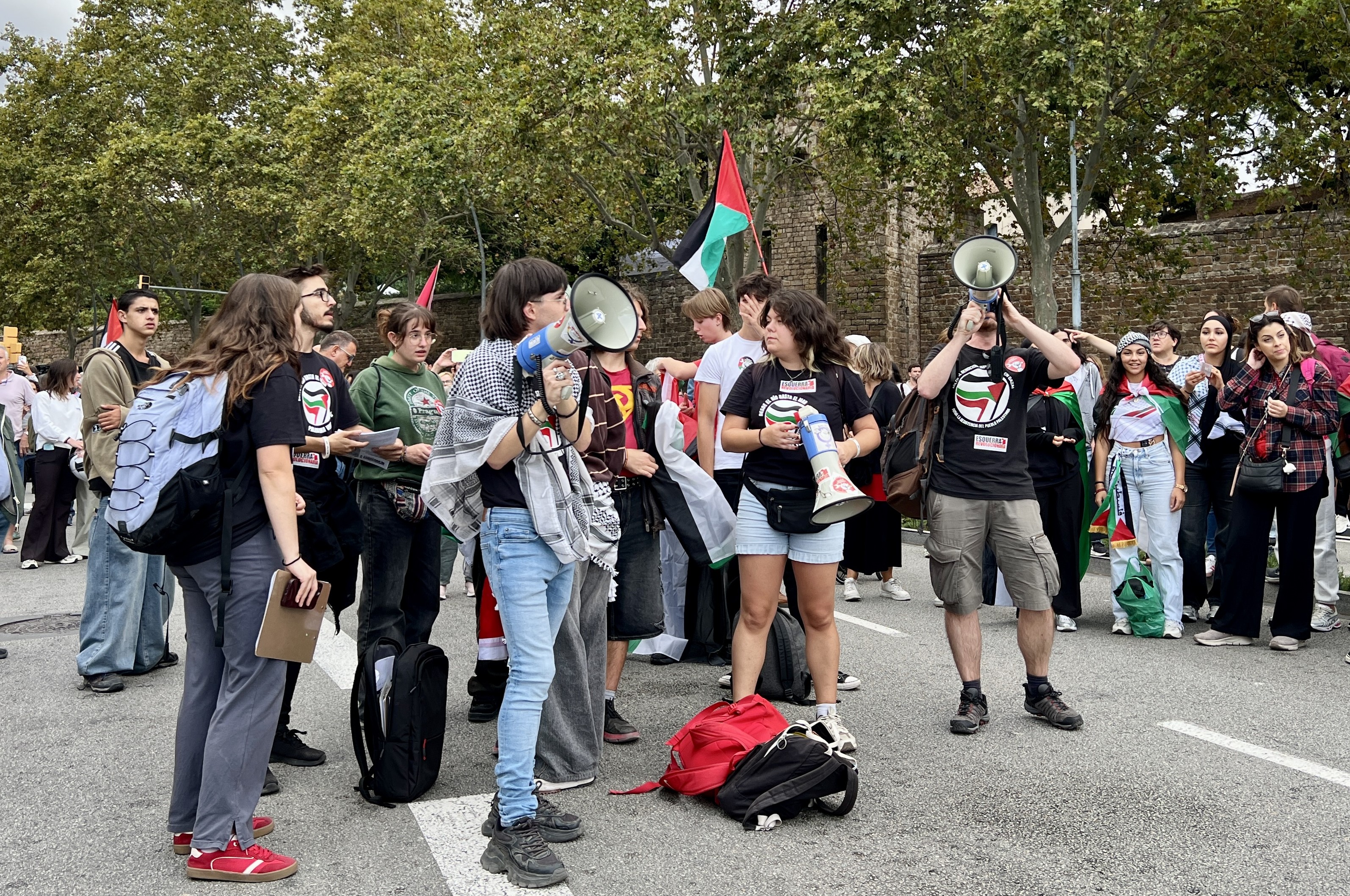 Demonstrators gather to denounce Israel's interception of the Global Sumud Flotilla carrying humanitarian aid to Gaza