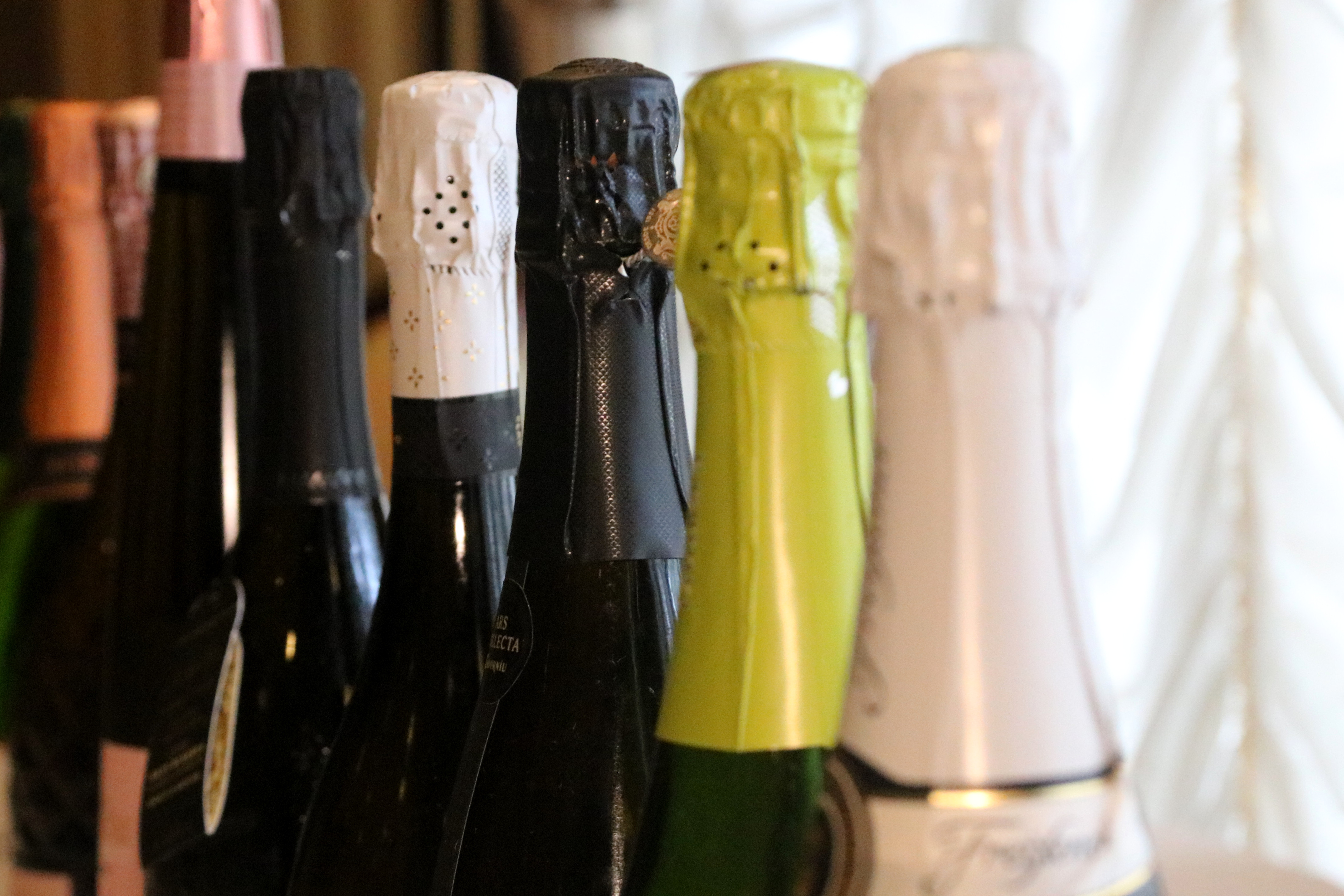 Different colored bottles of Cava sparkling wine