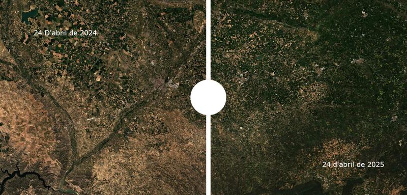 A side-by-side comparison of the Lleida area as seen in 2024 (left) and 2025 (right)