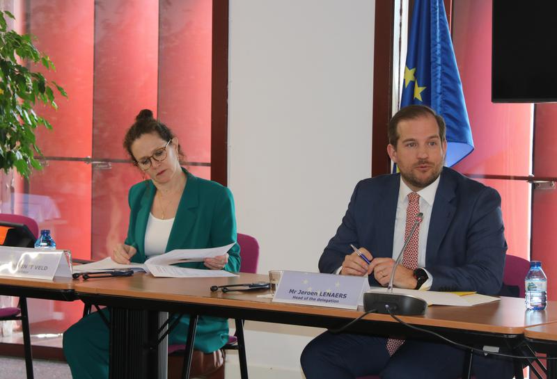 Chair of the EU parliament Pegasus commission, Jeroen Lenaers, and rapporteur, Sophie In't Veld, during their visit to Madrid