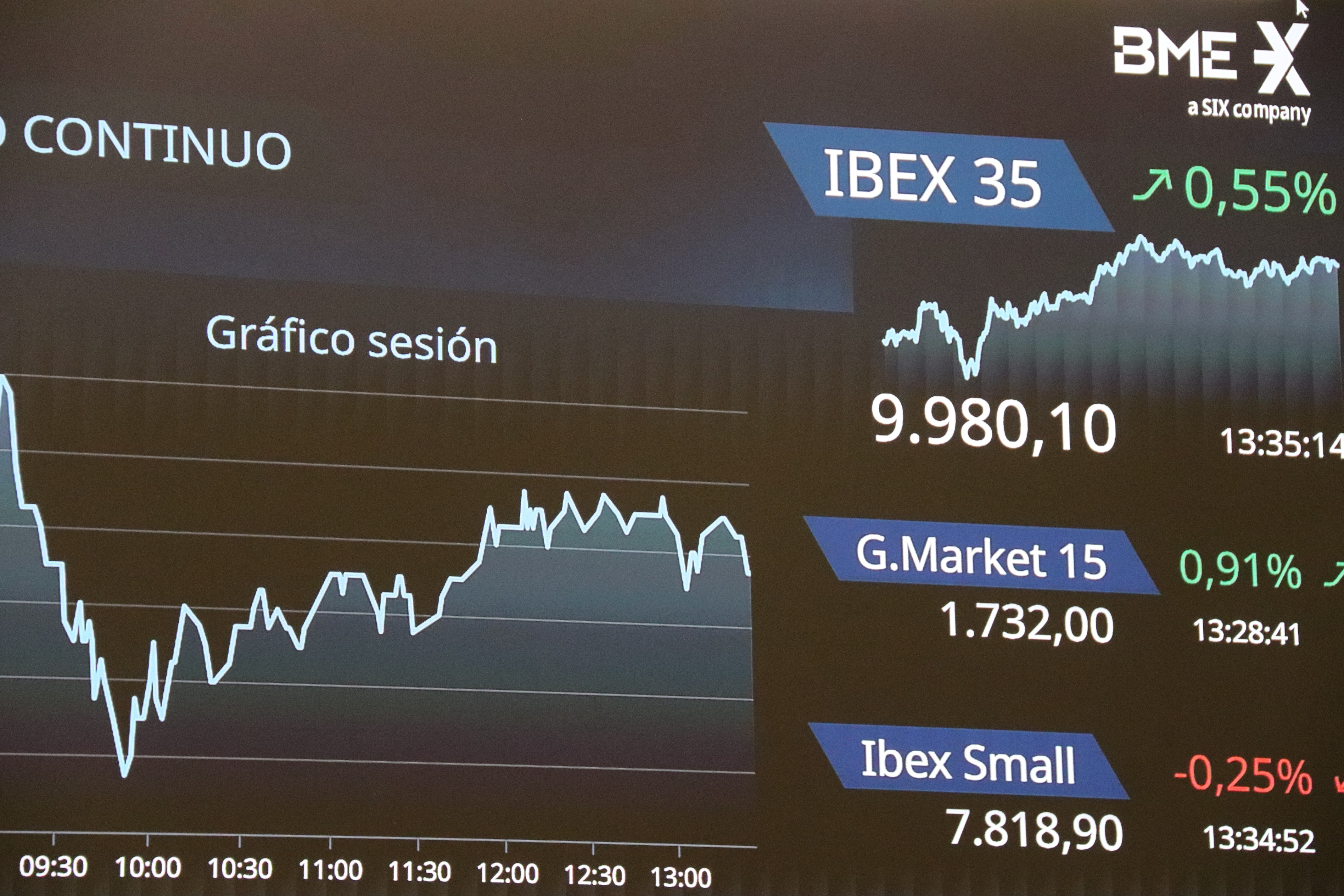 Barcelona stock exchange screens showing Spain's Ibex 35 index