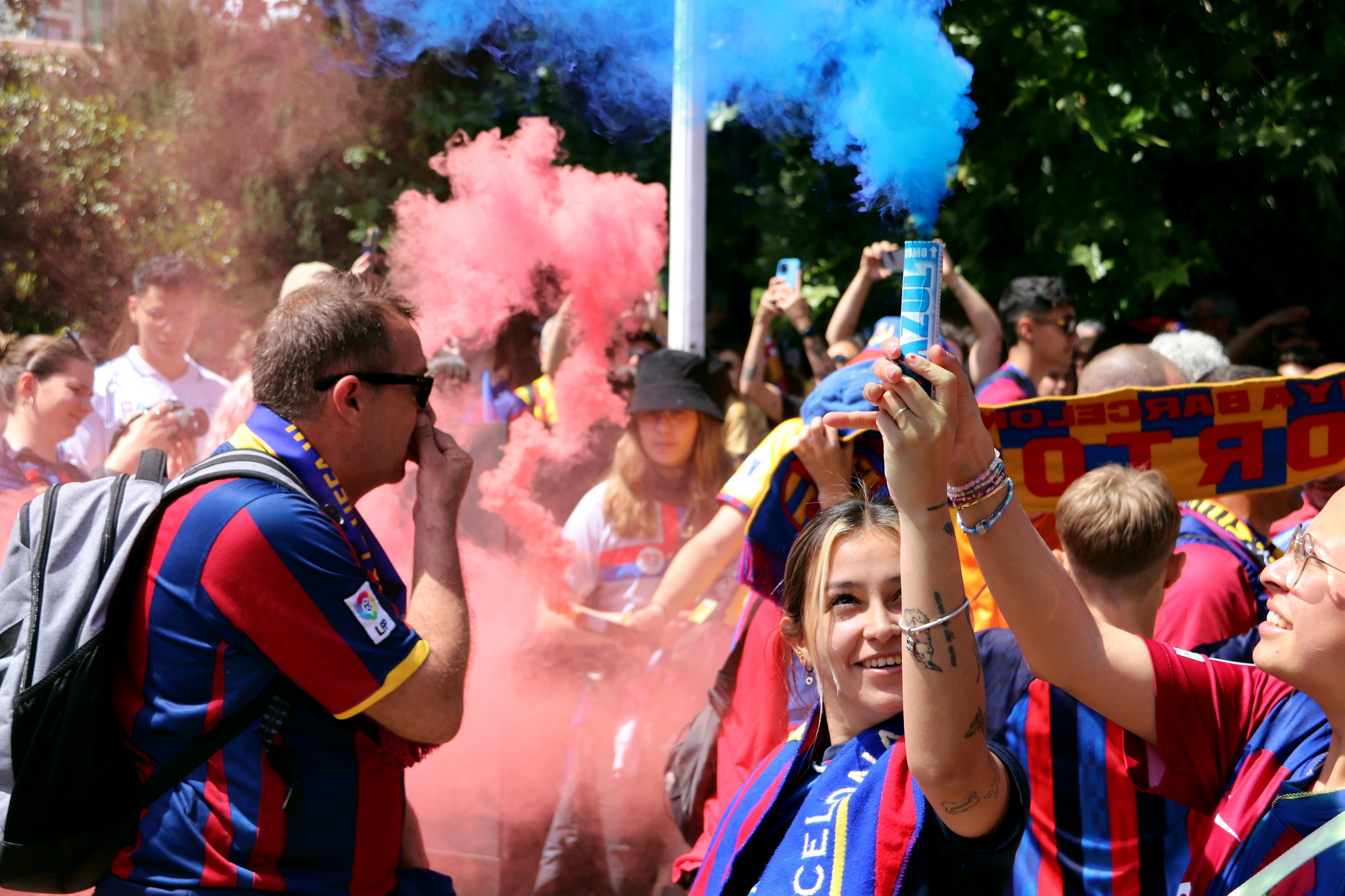 Barça Femení fans celebrating ahead of the UEFA Women's Champions League final that will see FC Barcelona Women's team play against Olympique Lyonnais in Bilbao on May 25, 2024