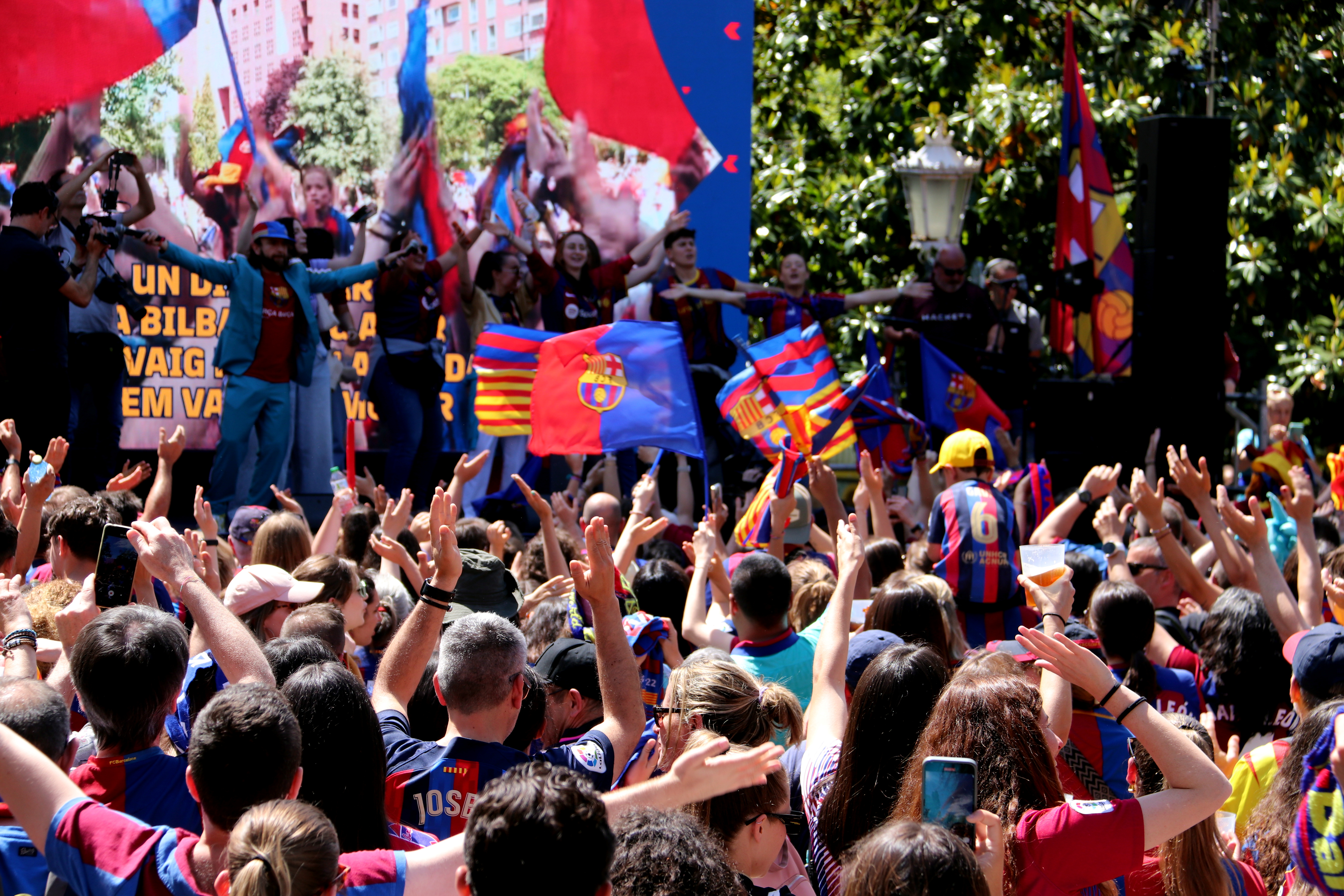 Barça Femení fans celebrating ahead of the UEFA Women's Champions League final that will see FC Barcelona Women's team play against Olympique Lyonnais in Bilbao on May 25, 2024