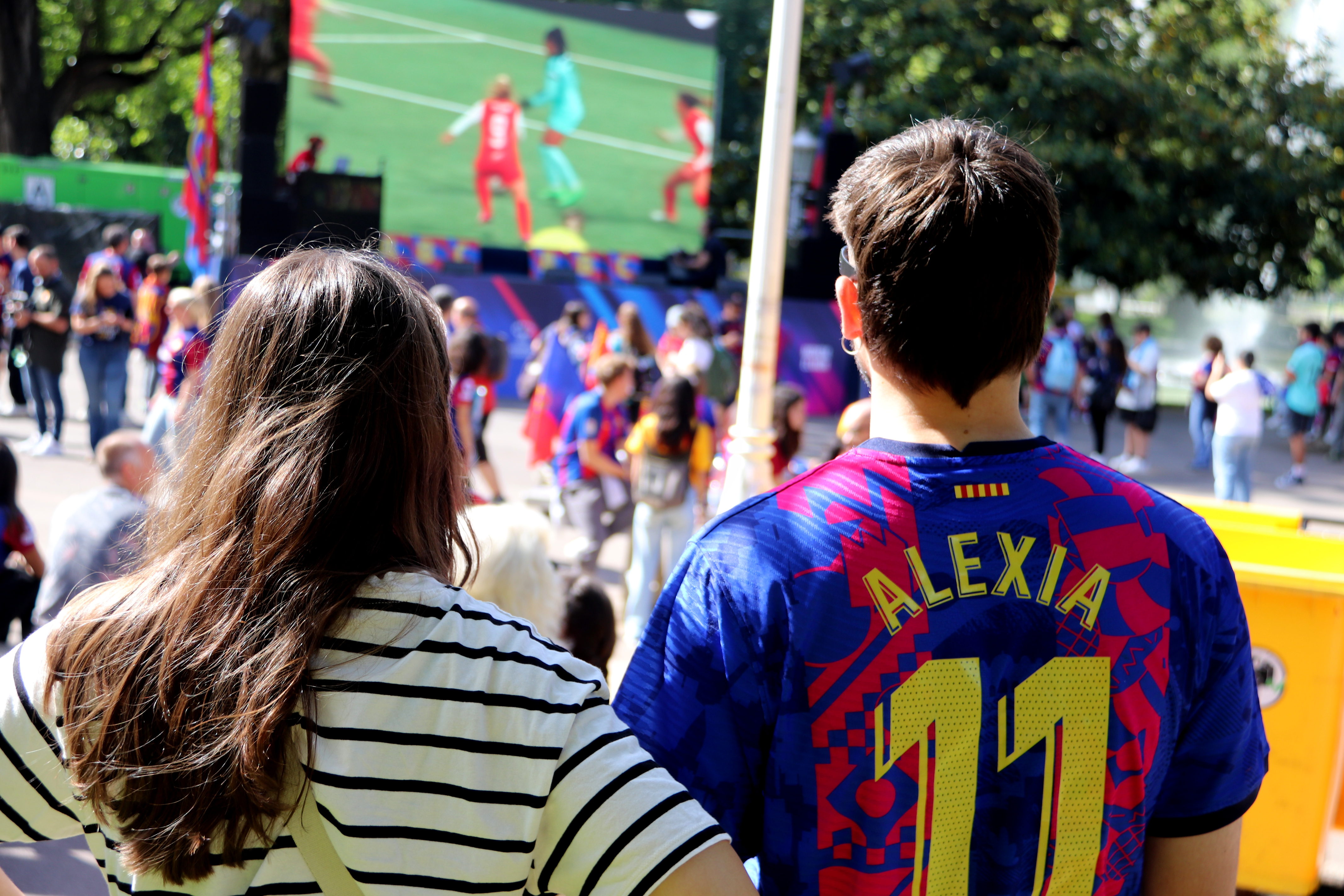 Some Barça Femení fans at the Barça's Fan Meeting Point in Bilbao ahead of the UEFA Women's Champions League Final on May 25, 2024