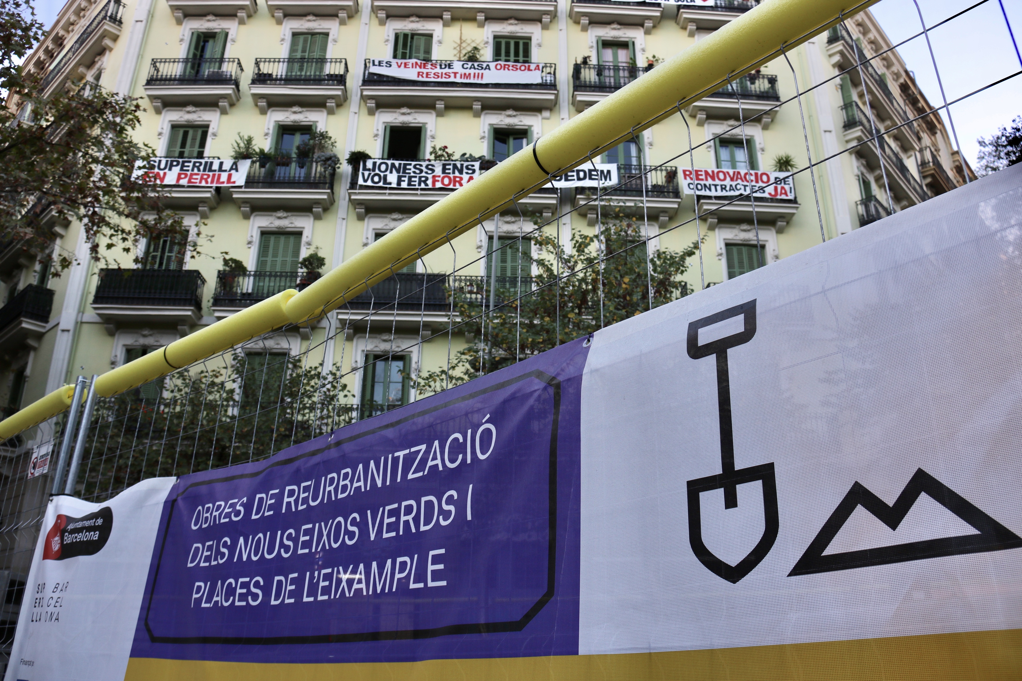 A 'superblock' or superilla construction sign in front Casa Orsola in Barcelona