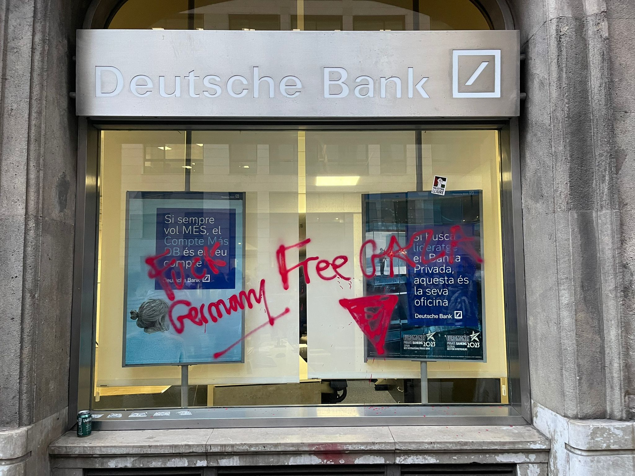 Deutsche Bank branch vandalized during a pro-Palestine rally
