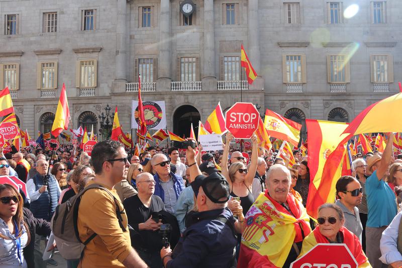 Several demonstrators in Barcelona against the amnesty law on November 12, 2023 waving Spanish flags