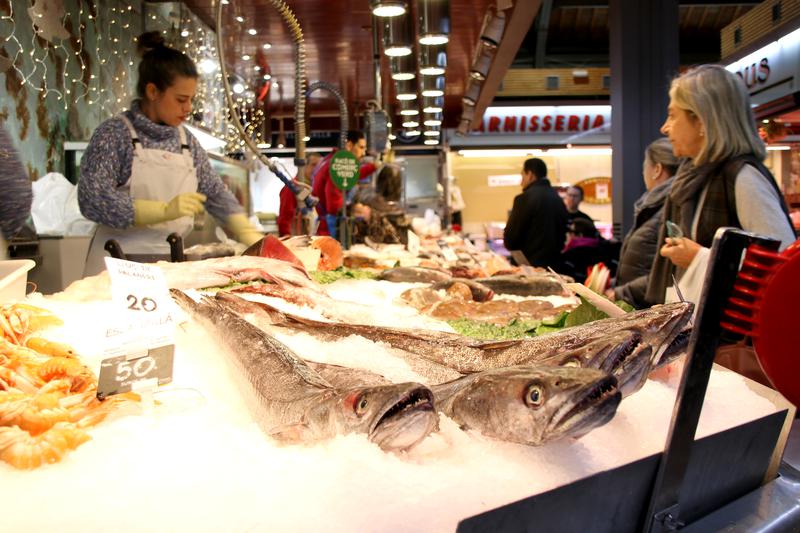 Fish stall at Mercat de la Concepció in Barcelona