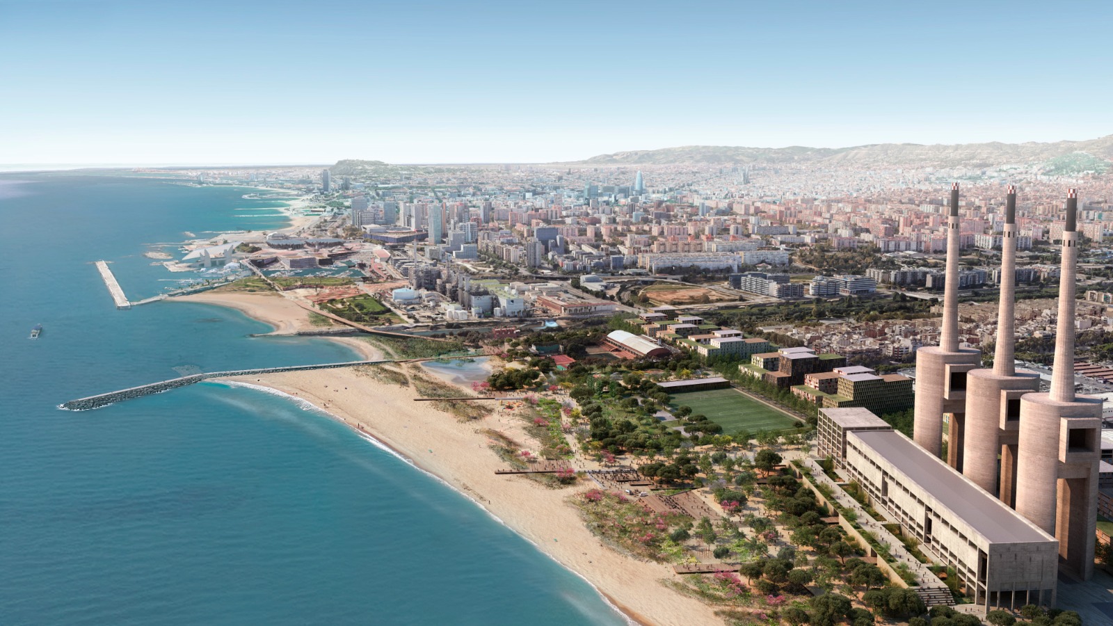 Recreation of the result of the 'Green and Blue' project, winner of the competition for the future Front de les Tres Xemeneies coastal park
