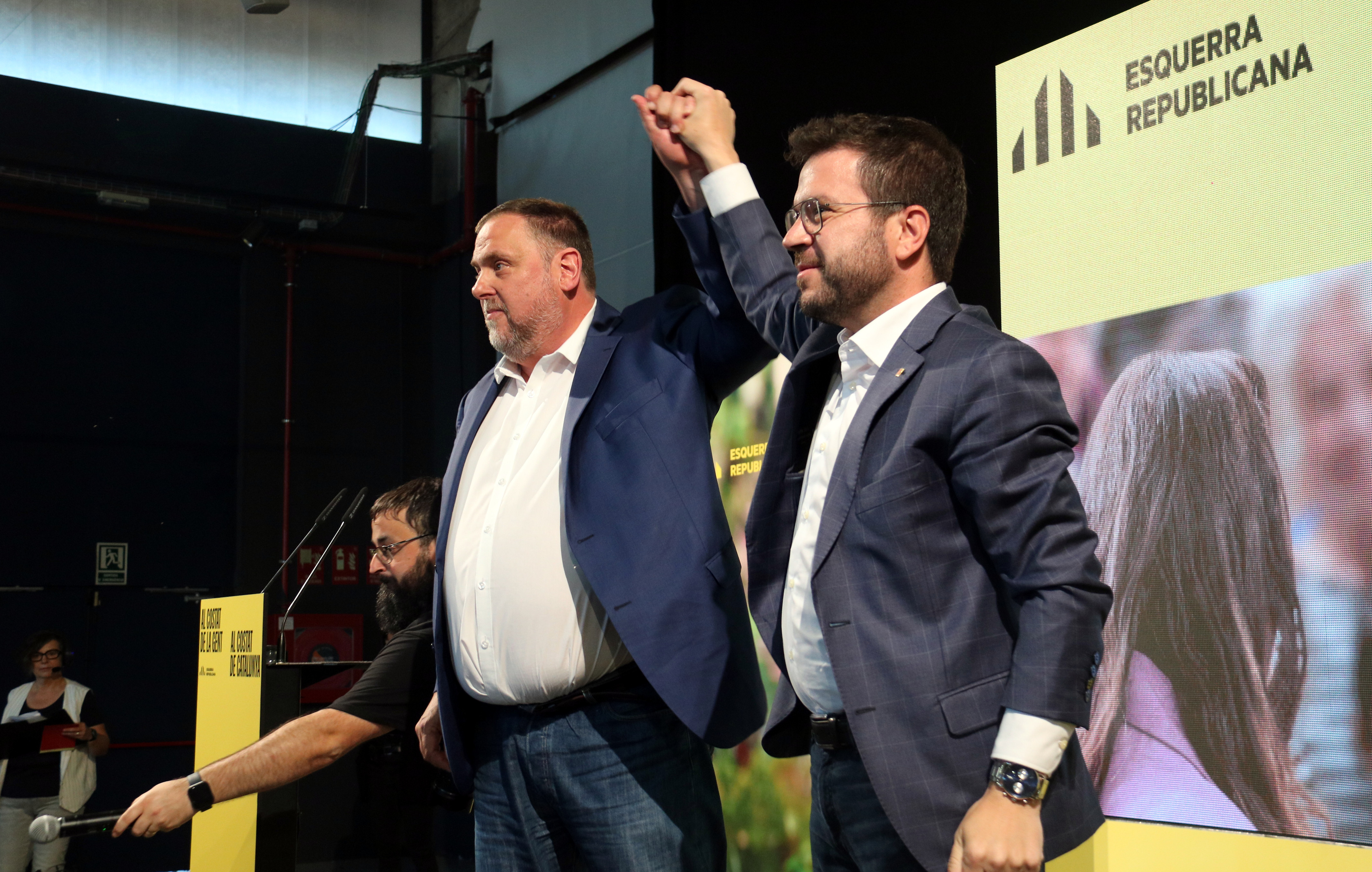 Esquerra president Oriol Junqueras and candidate to the Catalan election Pere Aragonès during an election campaign event ahead of the May 12 ballot in Tarragona