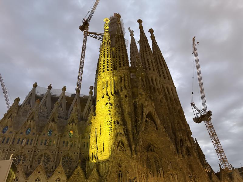 The Sagrada Família with the Tower of Saint Barnabus lit up